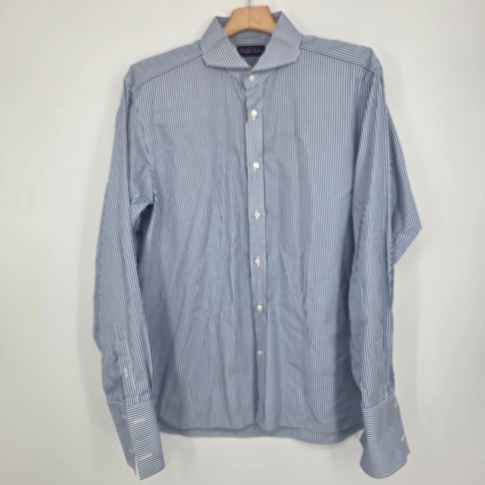 Ralph Lauren Purple Label Mens 17 Blue White Striped Dress Shirt Made in Italy